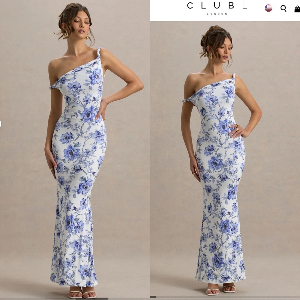 Club L London Asymmetrical Blue and White Sheath Dress